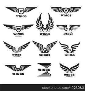 Wings logo set. Modern wing emblems, aviation labels. Abstract minimal army heraldry symbols, isolated black eagle or falcon tidy graphic vector elements. Illustration of logo bird wings sign. Wings logo set. Modern wing emblems, aviation labels. Abstract minimal army heraldry symbols, isolated black eagle or falcon tidy graphic vector elements