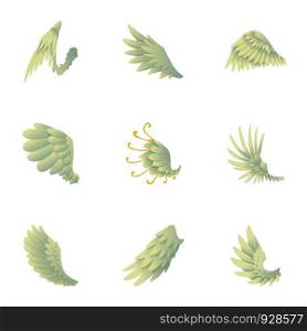 Wings of angel icons set. Cartoon set of 9 wings of angel vector icons for web isolated on white background. Wings of angel icons set, cartoon style