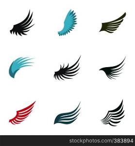 Wings of bird icons set. Flat illustration of 9 wings of bird vector icons for web. Wings of bird icons set, flat style
