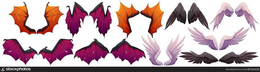 Wings of demon and angel Halloween collection. Dragon, bat, dove or v&ire wing pairs. White and black ragged magic set for fantasy characters, isolated game elements, Cartoon vector illustration. Wings of demon and angel Halloween collection
