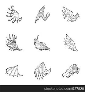 Wings of dragon and griffin icons set. Outline set of 9 wings of dragon and griffin vector icons for web isolated on white background. Wings of dragon and griffin icons set