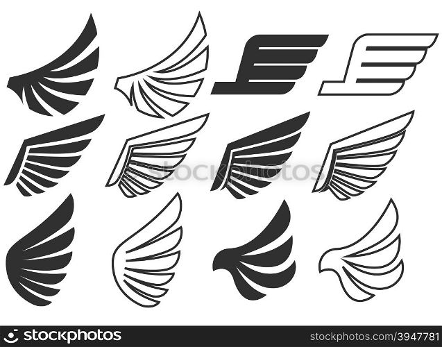Wings set on white background. Heraldic wings. Element for logo,label and emblems design. Vector illustration.