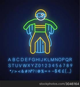Wingsuit flying neon light icon. Skydiver jumping with wing suit. Skydiving. Air extreme sport. Flight in sky, adrenaline. Parachutist flying. Glowing alphabet, numbers. Vector isolated illustration