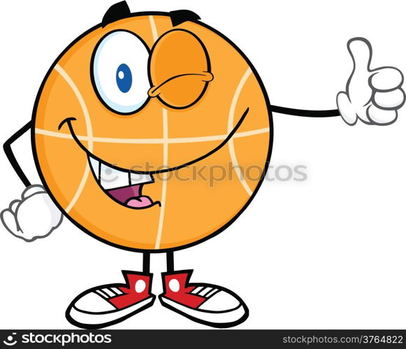 Winking BasketBall Cartoon Character Holding A Thumb Up