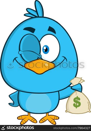 Winking Blue Bird Cartoon Character Holding A Bag Of Money