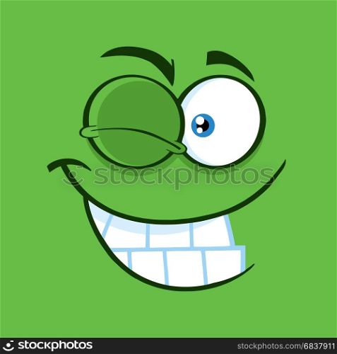 Winking Cartoon Funny Face With Smiling Expression. Illustration With Green Background