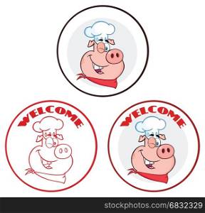 Winking Chef Pig Cartoon Mascot Character Circle Banner. Collection Set Isolated On White Background