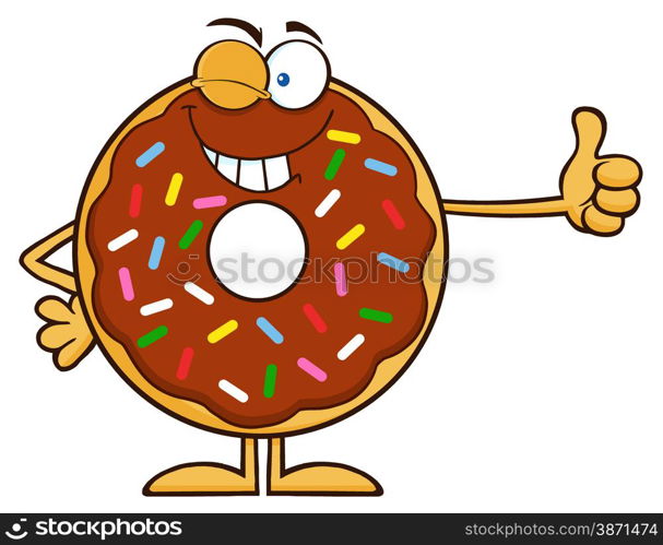 Winking Chocolate Donut Cartoon Character With Sprinkles Giving A Thumb Up