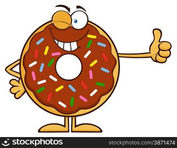 Winking Chocolate Donut Cartoon Character With Sprinkles Giving A Thumb Up