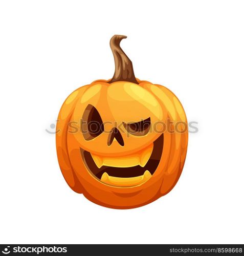 Winking funny cartoon Halloween pumpkin lantern, horror holiday vector scary character. Halloween party pumpkin or Jack o lantern with grin smile carving and spooky face. Winking funny cartoon Halloween pumpkin lantern