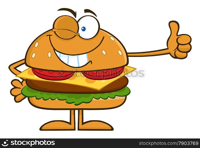 Winking Hamburger Cartoon Character Showing Thumbs Up