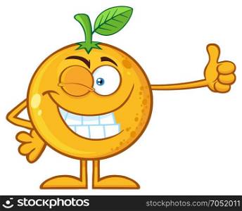 Winking Orange Fruit Cartoon Mascot Character Giving A Thumb Up. Illustration Isolated On White Background