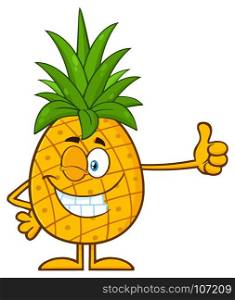 Winking Pineapple Fruit With Green Leafs Cartoon Mascot Character Giving A Thumb Up. Illustration Isolated On White Background