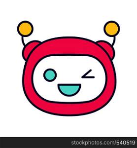 Winking robot emoji color icon. Happy and funny chatbot smiley. Chat bot emoticon. Artificial conversational entity. Virtual assistant. Artificial intelligence. Isolated vector illustration. Winking robot emoji color icon