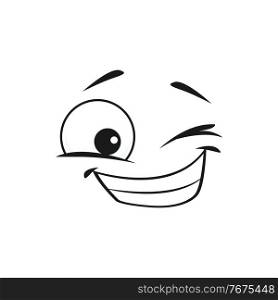 Winking smiley face isolated emoticon blinking eye. Vector cute cartoon winking face, happy emoji with toothy smile. Naughty eye cheerful emoji in good mood, positive facial expression, ok gesture. Emoticon ok gesture winking blinking eye isolated