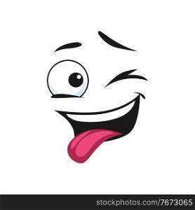 Winking smiley face showing tongue as teasing isolated emoticon blinking eye. Vector naughty cheerful emoji in good mood, positive facial expression, ok gesture. Cartoon winking face, happy emoji. Emoticon winking eye showing tongue isolated emoji