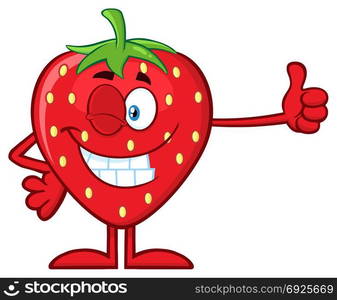 Winking Strawberry Fruit Cartoon Mascot Character Giving A Thumb Up. Illustration Isolated On White Background