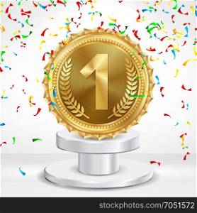 Winner 1st Place Vector. Competition Game Golden Achievement. Winner Trophy Award Illustration. Pedestal.. Number One Concept Vector. Metal Realistic First Placement Achievement. Round Medal With Red Ribbon, Relief Detail Illustration. White Winner Pedestal.
