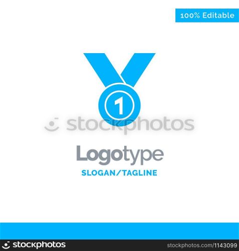 Winner, Achieve, Award, Leader, Medal, Ribbon, Win Blue Solid Logo Template. Place for Tagline