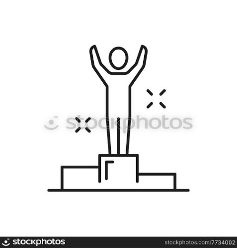 Winner business man on award pedestal isolated outline icon. Vector first place, leadership in career, goal and target achievement. Businessman leader on podium, winning competition, best achievement. Man on pedestal, goal achievement, first place