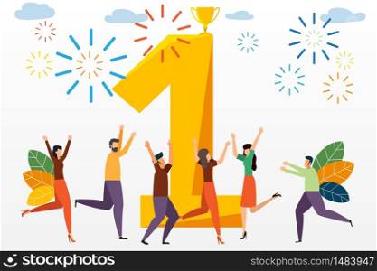 Winner business team, Victory in the first place, Number one, Joyful people around the winner number one. Concept of achieving a business goal vector, Vector illustration.