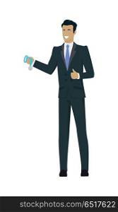Winner Businessman Holding Medal. Business man with black hair in business suit and blue tie holding medal. Winner business concept. Business success and award concept. Smiling young man personage in flat design
