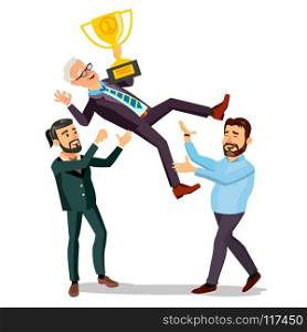 Winner Businessman Vector. Throwing Colleague Up. Colleague Celebrating Goal Achievement. Holding Golden Cup. Ch&ion Number One. Flat Cartoon Illustration. Winner Businessman Vector. Throwing Colleague Up. Business People Celebrating Victory. With Golden Trophy. First. Prize. Flat Cartoon Illustration