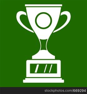 Winner cup icon white isolated on green background. Vector illustration. Winner cup icon green