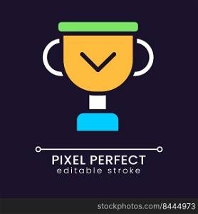 Winner cup pixel perfect RGB color icon for dark theme. Achievement and award. Development motivation. Simple filled line drawing on night mode background. Editable stroke. Poppins font used. Winner cup pixel perfect RGB color icon for dark theme