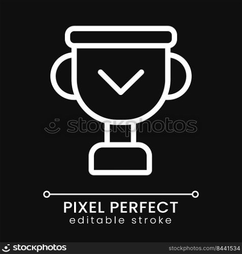 Winner cup pixel perfect white linear icon for dark theme. Achievement and award. Development motivation. Thin line illustration. Isolated symbol for night mode. Editable stroke. Poppins font used. Winner cup pixel perfect white linear icon for dark theme