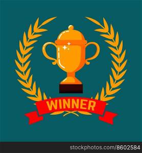 Winner gold cup icon with wreath in flat style. Design element for poster, card, banner, site, flyer. Vector illustration