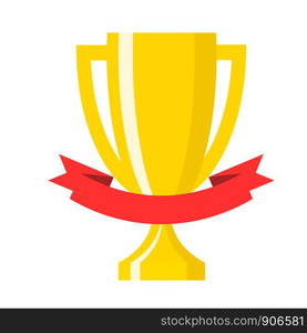 Winner gold trophy gold cup with red ribbon flat vector icons for sports victory concept. Sport award and prize, trophy cup illustration