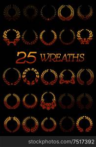 Winner golden wreaths icons with shining floral frames made up of laurel and oak trees branches, flowers and wheat ears tied with ribbons and bows. Use as heraldic symbol or victory celebration design. Golden wreaths with laurel, oak, flowers, wheat