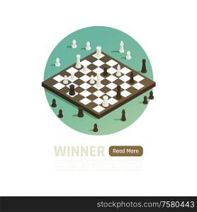 Winner isolated isometric and colored composition with winner headline and chess game vector illustration