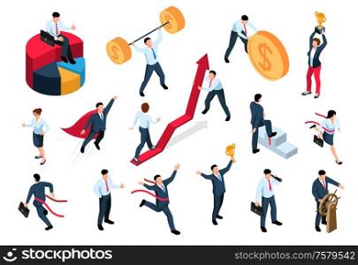 Winner isometric icons set with happy successful businessmen with trophy isolated on white background 3d vector illustration