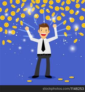 Winner money rain vector illustration. Man standing under the falling coins. Winner money rain
