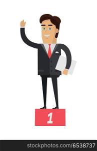 Winner on pedestal flat style vector. Smiling businessman with papers standing on first place of pedestal. Success and victory in competition. For business concepts. Isolated on white background. . Winner on Pedestal Vector Illustration in Flat Design. Winner on Pedestal Vector Illustration in Flat Design