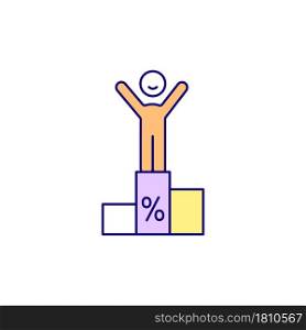 Winner on pedestal RGB color icon. Complete tasks to gain gifts and bonuses. Reward program for customers to get shopping benefits. Isolated vector illustration. Simple filled line drawing. Winner on pedestal RGB color icon
