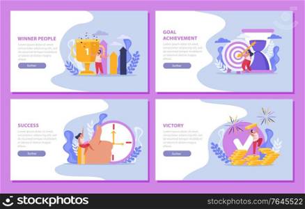 Winner people flat 4x1 set of horizontal compositions with aims and achievements icons people and text vector illustration