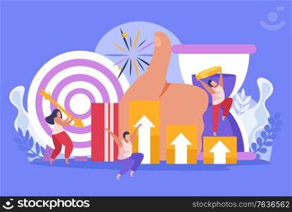 Winner people flat composition with icons of targets and growth arrows with characters of happy people vector illustration