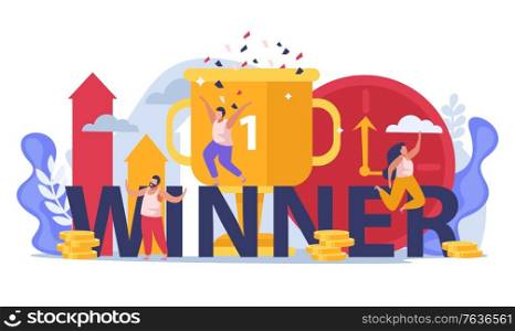 Winner people flat composition with text and images of trophy cup with confetti and human characters vector illustration