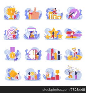 Winner people flat icons set with isolated doodle compositions of people with goals and achievements images vector illustration