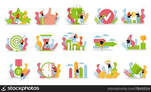 Winner people flat recolor set with isolated compositions of doodle human characters and icons of achievements vector illustration