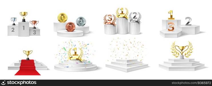 Winner podium, medal and cups. Trophies on illuminated podium for ceremony award, prizes on stair-steps pedestal, realistic vector set. Ceremony ch&ionship, pedestal winner award illustration. Winner podium, medal and cups. Trophies on illuminated podium for ceremony award, prizes on stair-steps pedestal, realistic vector set