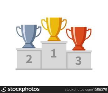 Winner podium with trophy cups. Gold, silver and bronze goblets on sports pedestal. Competition and goal achievement of achievements winners award cup vector business concept. Winner podium with trophy cups. Gold, silver and bronze goblets on sports pedestal. Competition and goal achievement vector business concept