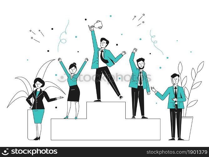 Winner ranking concept. Corporate business awards, company get prize. Award podium, team at first place. Champion ceremony recent vector concept. Illustration winner success award. Winner ranking concept. Corporate business awards, company get prize. Award podium, team at first place. Champion ceremony recent vector concept