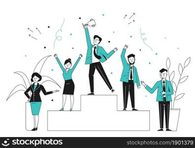 Winner ranking concept. Corporate business awards, company get prize. Award podium, team at first place. Champion ceremony recent vector concept. Illustration winner success award. Winner ranking concept. Corporate business awards, company get prize. Award podium, team at first place. Champion ceremony recent vector concept