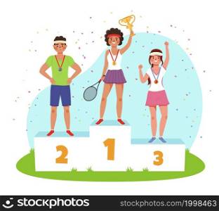 Winner ranking. Stepwise podium with athletes. Award ceremony. Gender equality competition. Sports persons standing on stepped pedestal with golden cup and medals. Vector championship results concept. Winner ranking. Stepwise podium with athletes. Award ceremony. Gender equality competition. Sports persons standing on pedestal with golden cup and medals. Vector championship results