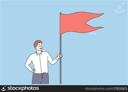Winner, success, Business reaching goal concept. Young smiling businessman cartoon character standing holding red flag in hands feeling happy. Winner, success, Business reaching goal concept