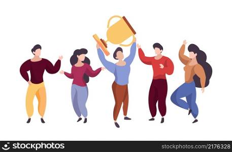 Winner team. Business people with gold trophy, happy office employees. Congratulates with award vector concept. Illustration winner with cup, businesswoman and man successful. Winner team. Business people with gold trophy, happy office employees. Congratulates with award vector concept